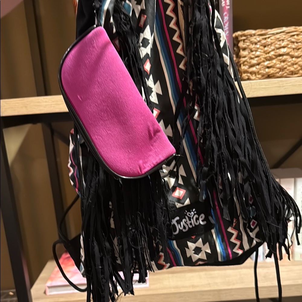 Justice Black and Pink Fringe Backpack